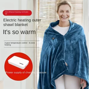 Electric Heated Shawl Blanket, Flannel USB Wireless Wrap with Zipper, Adjustable 3-Level Temperature, Wearable Portable Shoulder and Neck Wrap (Power Bank Not Included)