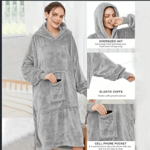Extra-Large Wearable Blanket Outdoor Thermal Sweatshirt, Thick and Warm Flannel Hooded with Pockets and Sleeves, Adult Gift, Mid-Length Wide Hooded 145cm Loungewear
