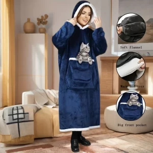 Wearable Blanket Hoodie, Oversized Hooded Blanket Sweatshirt, Hooded Blanket Sweater, Oversized Warm Plush Casual Blanket, with Hooded Sleeve Pockets, Double-Layer Large Pockets for Petting Cats, Soft and Comfortable, Packable, Suitable for Both Men and Women Adults