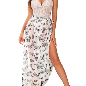 2-Piece Set: Deep V-Neck Lace Chiffon Sexy Bodysuit Dress, Black Mesh Style with White Butterfly Chiffon Sheer Long Dress, Lace-Up Women's Seductive Set Dress